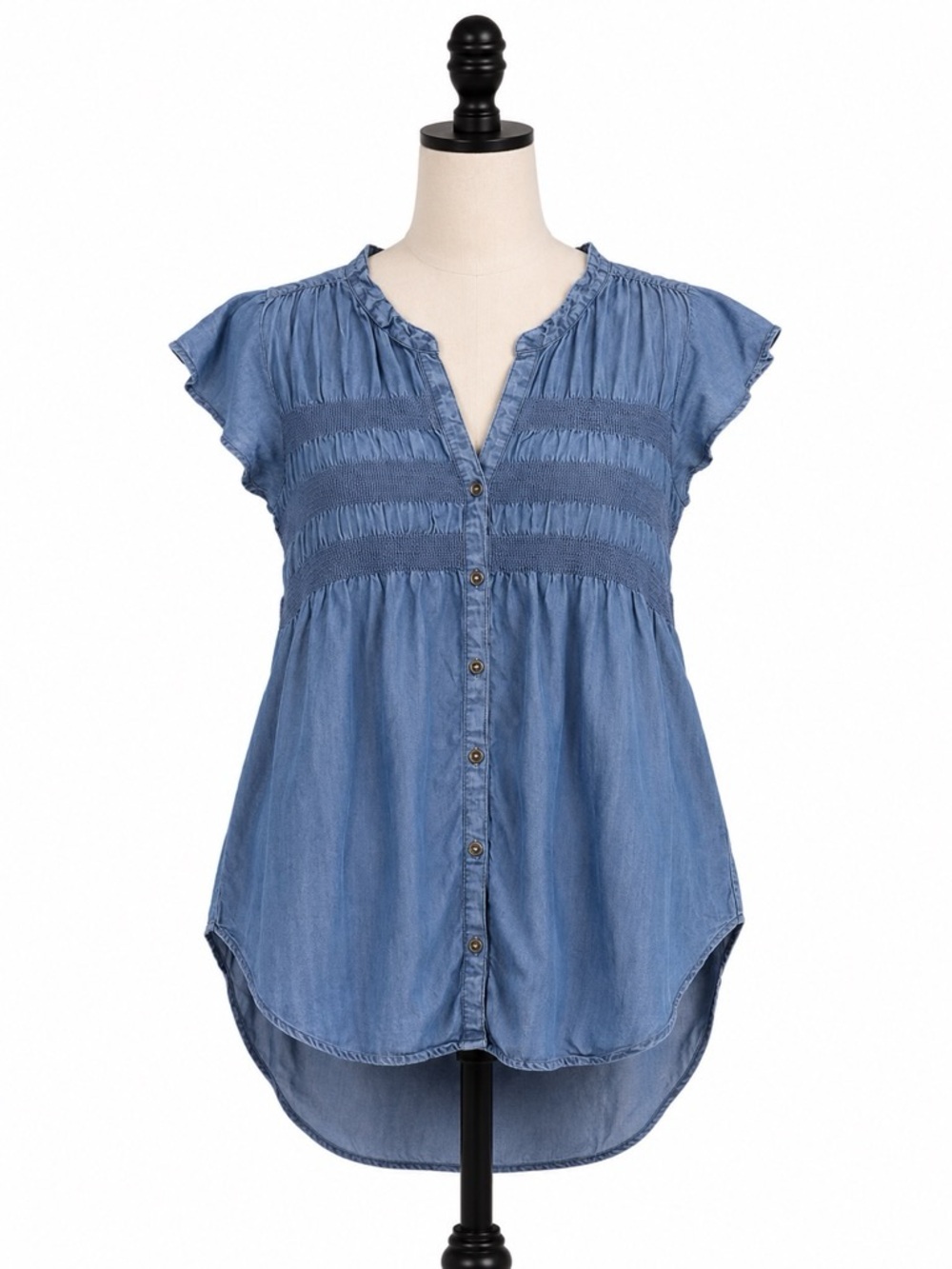 Knox Rose Blue Chambray Button-Front Smocked Blouse